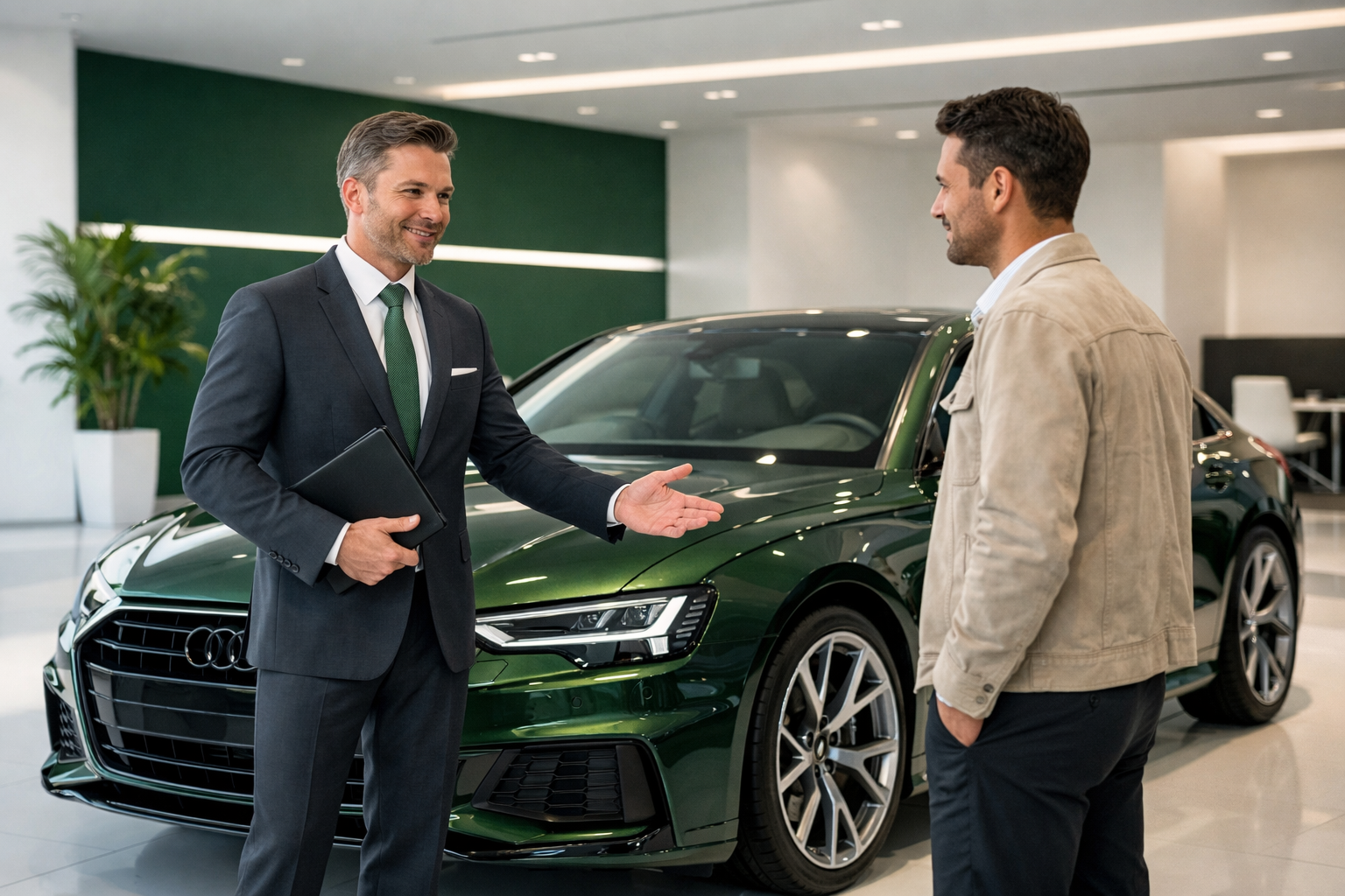Consultor automotivo explicando detalhes de um carro de luxo a um cliente, em um showroom moderno.